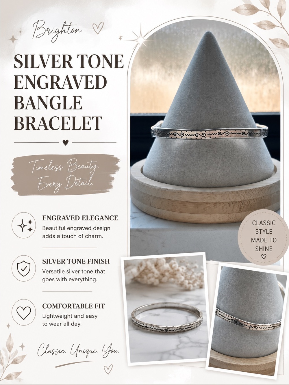 Brighton. Silver Tone Engraved Bangle Bracelet